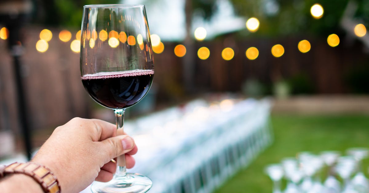 Close-up of hand holding wine glass with bokeh lights in outdoor celebration setting.